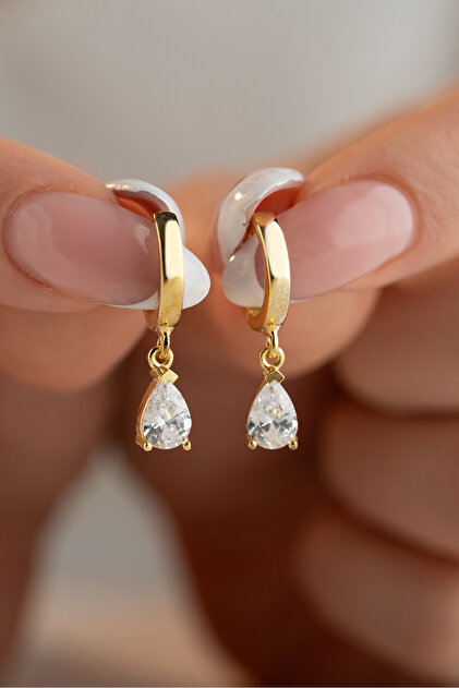 Beyaz Zirkon Damla Taşlı Gold Renk 15 mm Halka Küpe