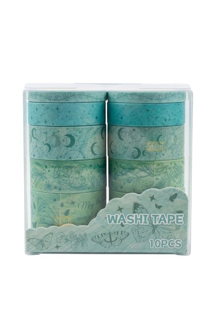 10’lu Su Yeşili Doğa Temalı Washi Tape Seti - Kelebek ve Yaprak Desenli Dekoratif Bantlar