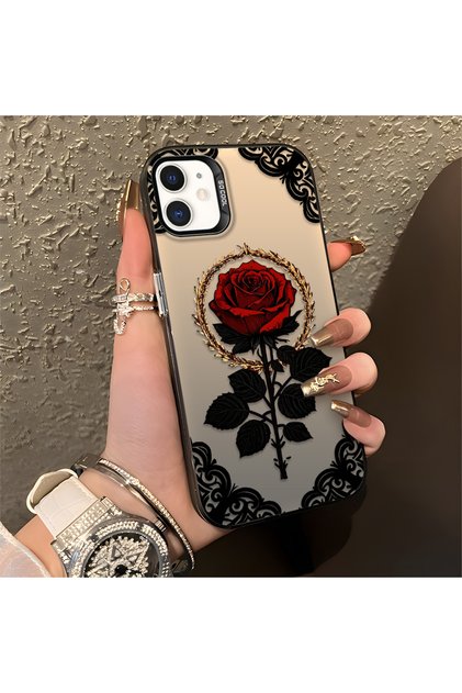 iPhone 11 Uyumlu Silikon Kenar Sert Arka Anti Düşme Telefon Kılıfı gül Desen