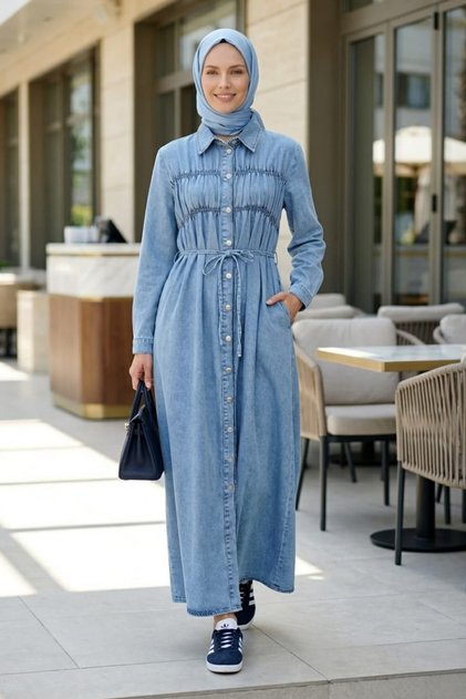 Women's Lace-Up Waist, Buttoned, Light Blue Denim Hijab Dress