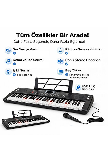 MultiZone Işıklı 61 Tuşlu Çocuk Piyanosu Mikrofonlu 5 Oktav Org