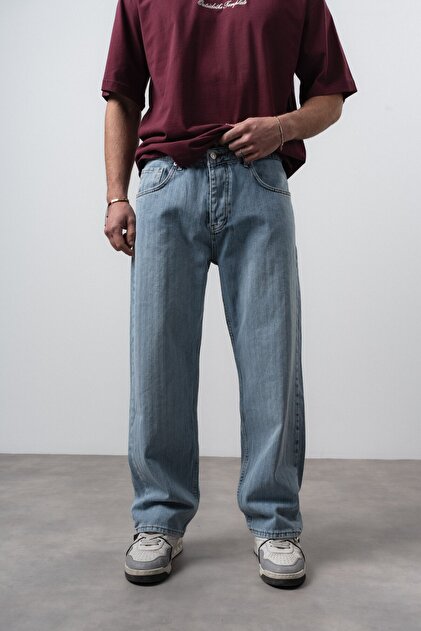 Men's Patterned Baggy Jean Light Blue
