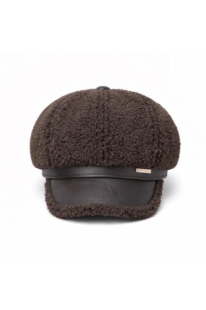 Women's Brown Plush Hat with Leather Visor Winter Teddy Hat Soft Warm Beanie