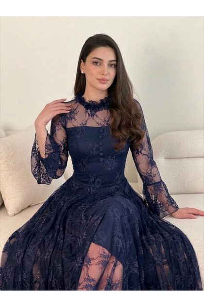 "Eleina" Dress in Navy Blue Lace by Dvna