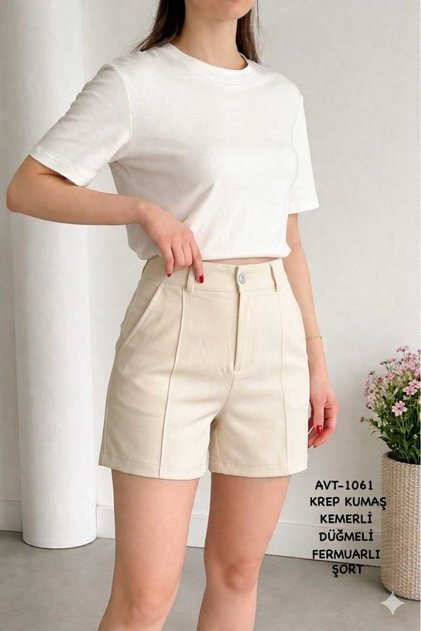 Crepe Fabric Belted Buttoned Zippered Women's Shorts - Comfortable for Daily Use