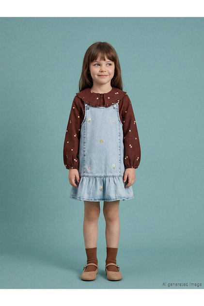 Ozmarka New Season Square Collar Embroidered Girls' Jean Salopet Dress