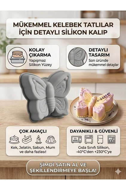Butterfly Detailed Silicone Cake and Pastry Mold - Heat Resistant, Non-Stick Soap and Candle Mold 8Cmx8Cm