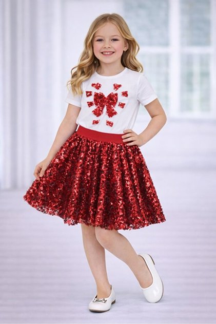 April 23 October 29 Show Outfit Girls' Heart & Bow Detailed Sequined Red Skirt Set Noble
