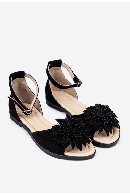 Sandale dama negre din piele intoarsa cu detaliu floare
