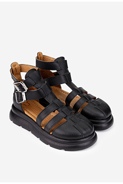 Sandale dama NUR negre din piele texturata cu multe barete