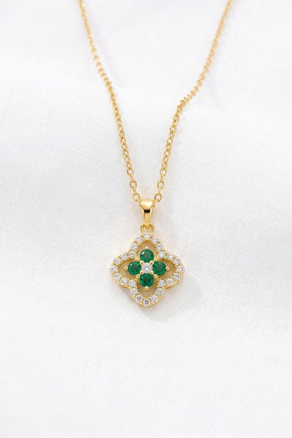 Clover Model Green Zircon Stone Gold Color Stainless Steel Women's Necklace