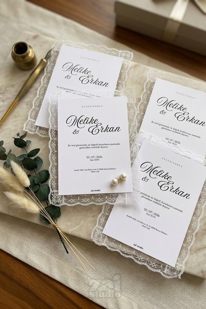 Dantel Detaylı Düğün Nişan Nikah Davetiyesi | Kişiye Özel 50 Adet | Zai Studio