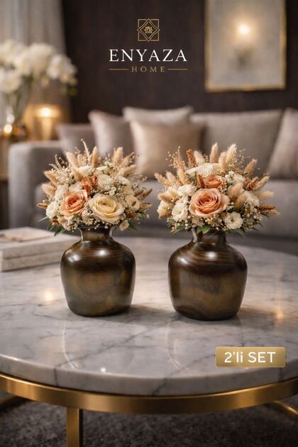 2’Li Dekoratif Vazo Seti – Bohem Çiçek Uyumlu, Modern Ahşap Görünümlü Şık Salon & Masa Aksesuarı