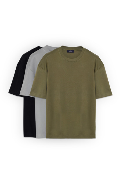 Unisex 3'lü Paket Siyah-Gri-Yeşil Oversize Geniş Kesim %100 Pamuk Basic Bisiklet Yaka Tişört 3'lü Ti
