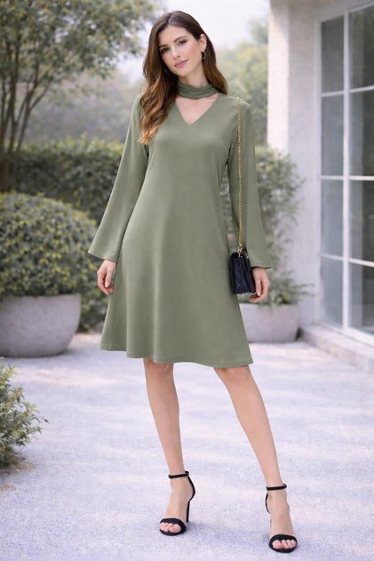 V-Neck Spanish Sleeve Dress with Neck Collar and Back Slit Detail