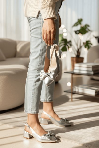 Duta Bowknot Silver (4 cm Heel) Pointed Toe Heeled Shoes