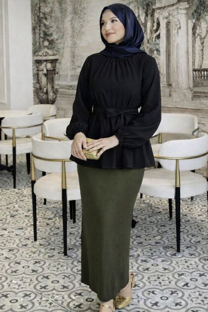 Hijab Belted Sleeve Gathered Shirt