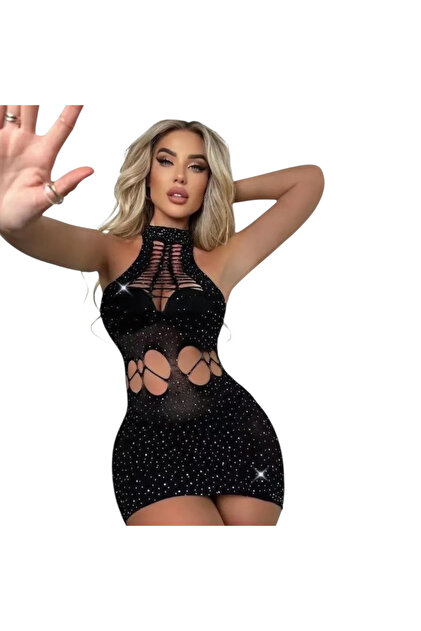 Sexpleasure Black Elastic Mini Dress with Rhinestones and Cutouts for Sexy  Club Wear- Trendyol