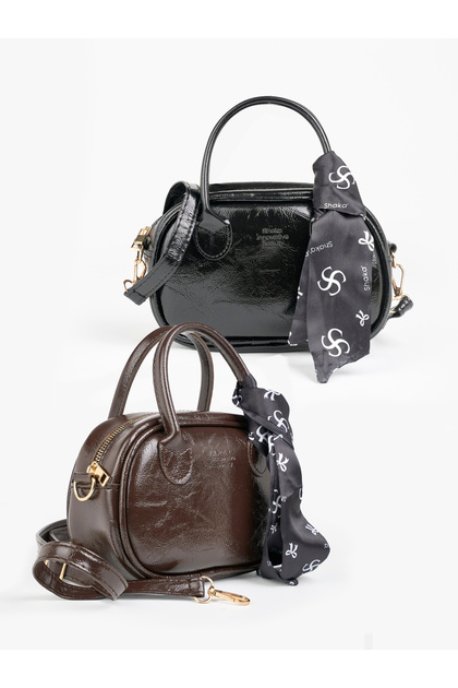 Wrinkled Textured Black/Wrinkled Textured Brown Shk289 Set Faux Leather 2-Piece Hand and Shoulder Bag Set