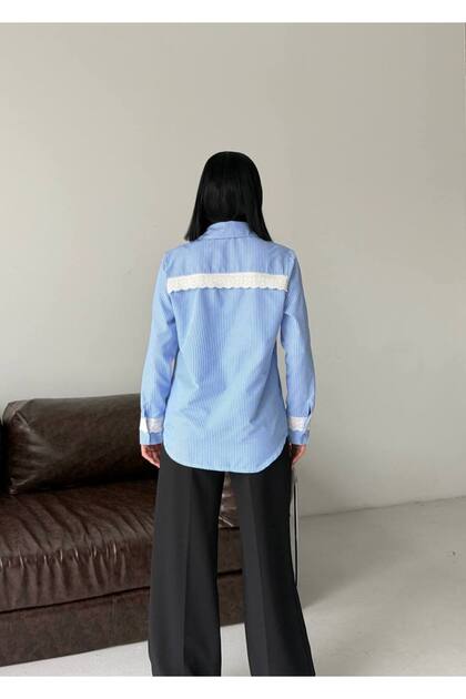 Women's Striped Sleeves and Back Lace Guipure Detailed Poplin Fabric Premium Stylish Design Shirt