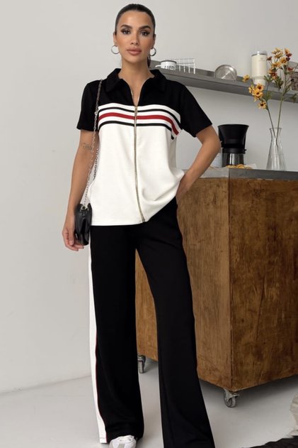Women's Stripe Detailed Zippered Collar Comfortable Fit Sporty Stylish Modal Set