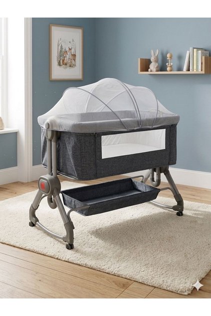 Baby Next to Me Crib Easy Folding Portable Swing Bed 4-in-1 Crib with Changing Table Built-In Storage Basket and Mosquito Net