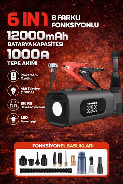 6in1 Akü Takviye Hava Kompresörü Süpürgeli 12000mAh 1000A 150PSI Powerbank LED