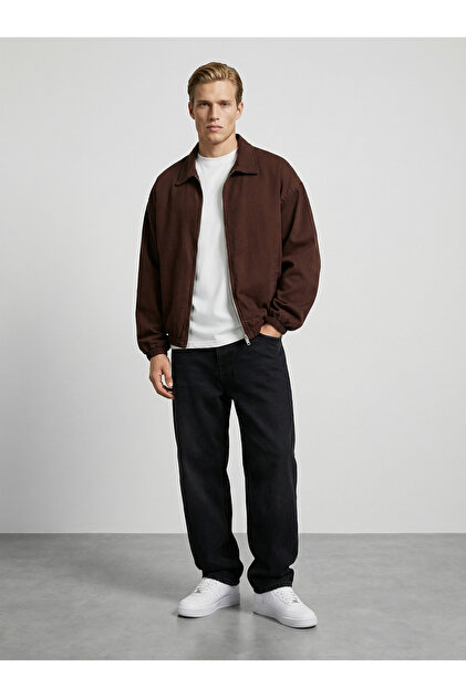 Men's Coffee-Colored Cotton Gabardine Fabric Classic Collar Jacket with Elastic Waist and Sleeves and Zipper Closure