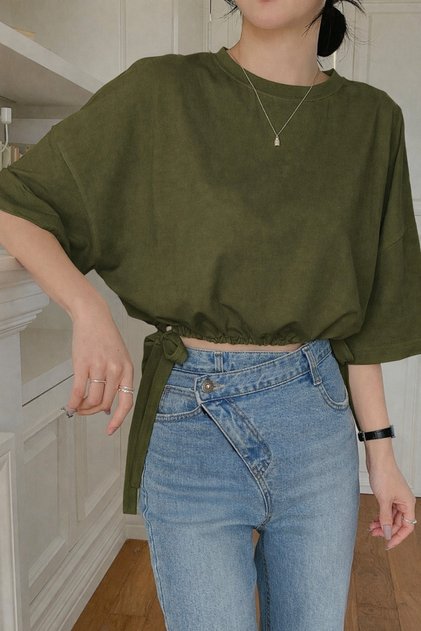 Kadın Şık Oversize Haki Tişört Yan Bağlamalı Rahat Yazlık T-Shirt