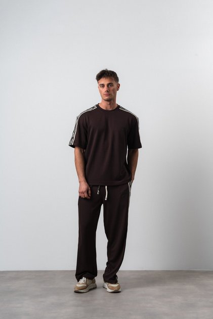Men's Striped Detailed Regular Fit T-Shirt Trousers Set Brown