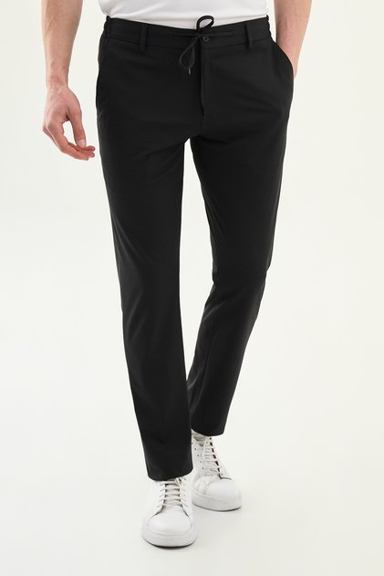 Patterned Super Slim Fit Elastic Waist Drawstring Men's Trousers Black - 38358.26Y
