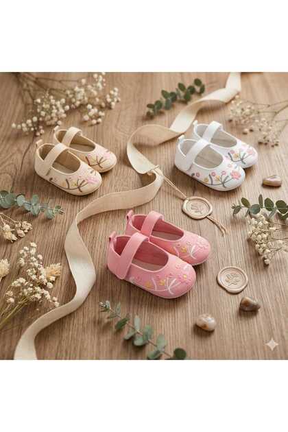 Embroidered Babet 3 Months, 6 Months, 9 Months, 12 Months Girl Beige