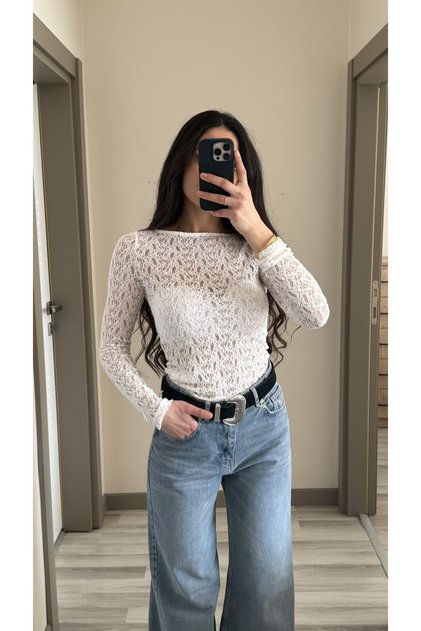 Women's Boat Neck Transparent Lace Blouse