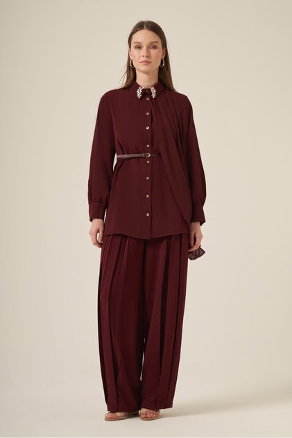Women's Chiffon Detailed Trouser Suit Plum 31314
