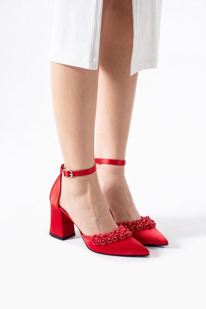 Red Satin Pearl Thick Low Heel Shoes