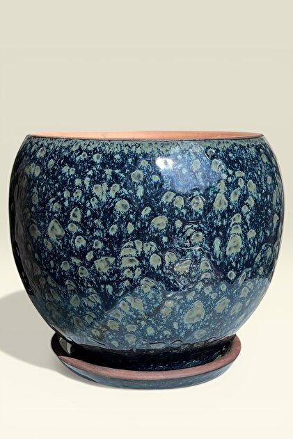 Toprak Seramik Saksı Küre Dekoratif Mavi Desenli Çift Sırlı Altlıklı 22*22 cm