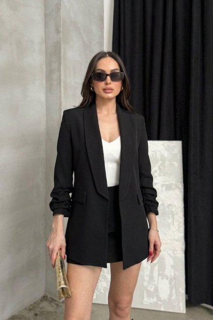 Women's Blazer Jacket Shawl Collar Cuff Gathered Long Sleeve Pocket Look Regular Fit Lined Jacket
