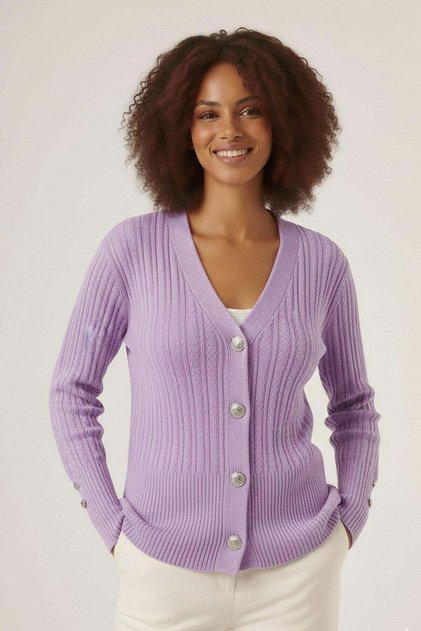 Women's Silvery Hair Knitted V-Neck Cardigan Lilac 25265