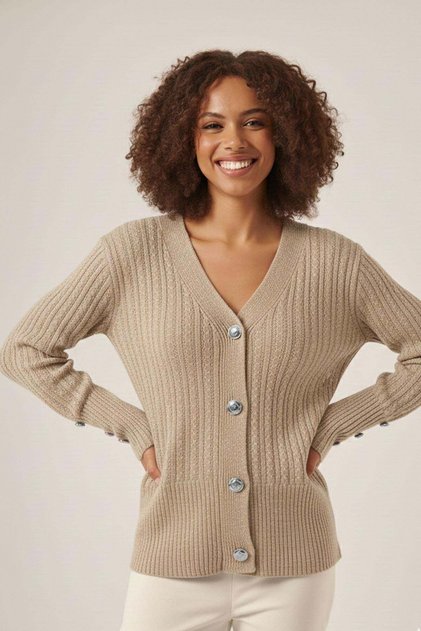 Women's Silvery Hair Knitted V-Neck Cardigan Stone 25265
