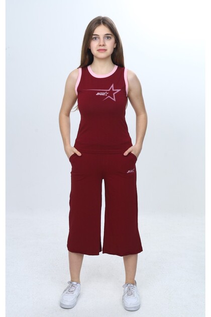 Girl's 2-Piece Set Crew Neck Printed Undershirt & Elastic Waist Wide Leg Printed Capri Pants 2499