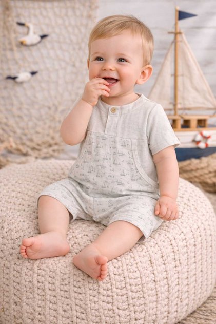 100% Cotton 4-Layer Muslin Anchor Patterned Baby Boy Summer Jumpsuit with Pockets