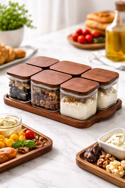 13 Parça Akasya Standlı Vakumlu Akasya Kapaklı Kahvaltılık-Çerezlik Saklama Kabı Seti