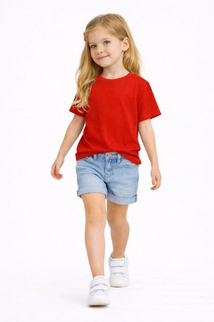 Kız Çocuk Kırmızı Basic Tişört Bisiklet Yaka Pamuklu Penye Düz Kısa Kollu Rahat Günlük T-Shirt