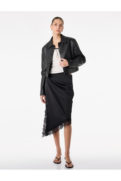 Asymmetrical Cut Regular Waist Lace Detailed Satin Skirt
