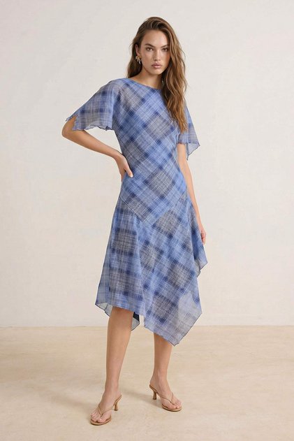 Multicolor Plaid Angel Sleeve Short-Sleeve Ruffled/Ruffle Midi Bubble Knit Dress TWOSS26EL00146