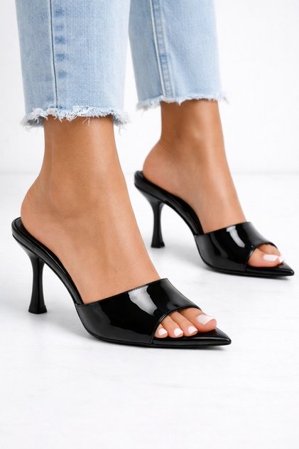 Dufi Women's Black Patent Leather Open Toe Heeled Slippers Mule Shoes Stylish Thin Heel C0335