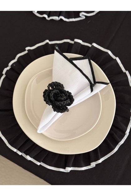 White Shine 2 Pieces Linen Fabric Black Embroidered Napkin