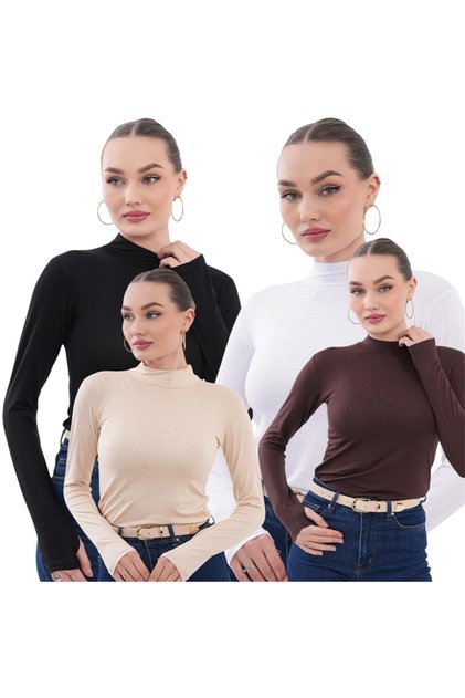 %100 VİSKON KUMAŞ Kadın Parmak Detaylı Body 4'LÜ SİYAH-BEYAZ-KAHVE-BEJ KOMBİN her gün farklı tarz