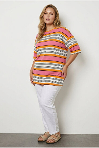 Plus Size Striped Lycra T-Shirt with Slit Detail 303505