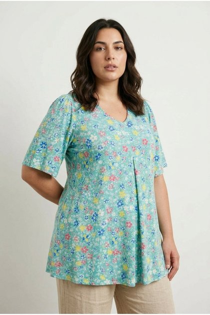 Mărime mare, cu decolteu în V, cu mânecă scurtă, cu imprimeu floral, lungă tricou T168
